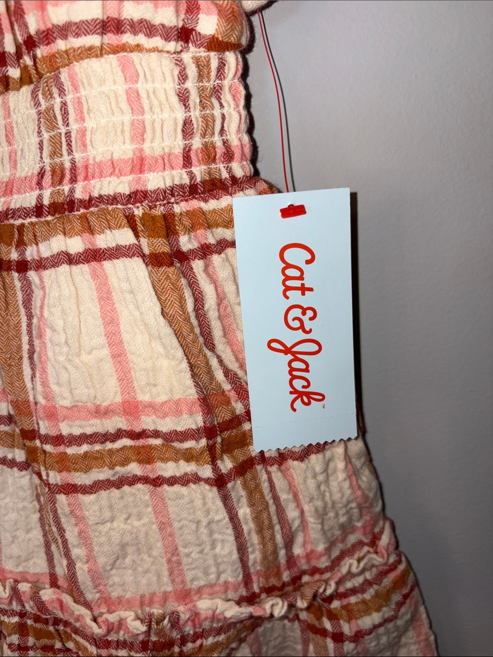 NWT Cat & Jack Cream and Pink Plaid Smocked Waist Dress Youth S - Picture 4 of 5